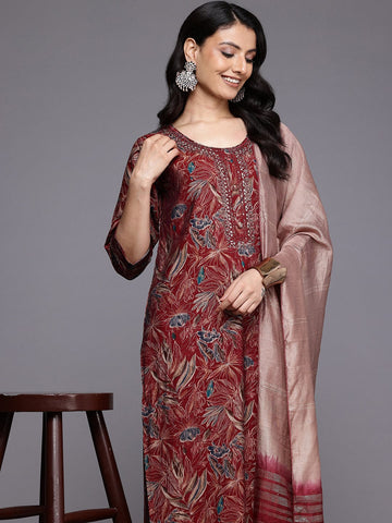 Varanga Women Red Foil Printed Yoke Embroidered Round Neck Kurta Paired with Bottom and Dupatta